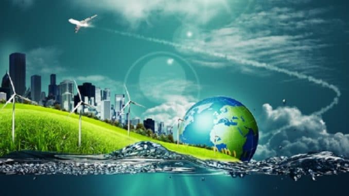 Wasserenergie Grafik mit Flugzeug und Windpark nahe einer Stadt am Wasser