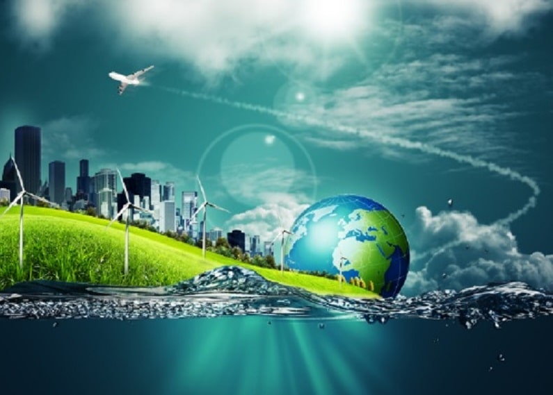 Grafik mit Flugzeug und Windpark nahe einer Stadt am Wasser