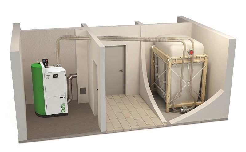 Mögliches Anlagenmodell eines Pelletlagers mit einem fertigen Tank. Bild: Oekofen Pelletlager, Brennholz, VDI 3464