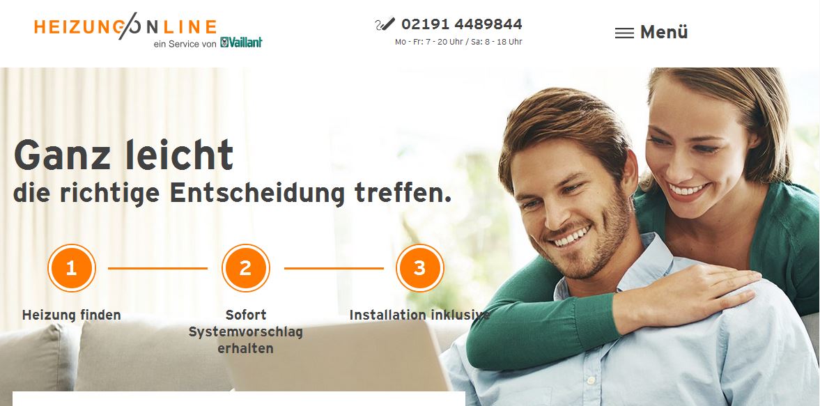 Corpus Delicti: Die Online-Plattform heizungonline von Vaillant weist Endkunden in drei Schritten den Weg zur neuen Heizung. Quelle: Vaillant
