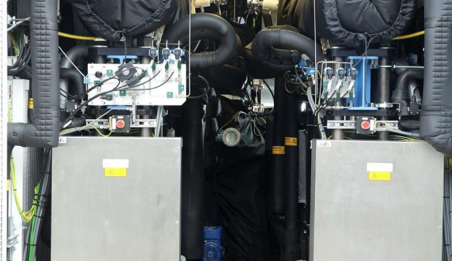 4by3 Power to Gas-Anlage des Stadtwerkeverbundes Thüga, die 60 Kubikmeter Wasserstoff pro Stunde produzieren kann. Nach Unternehmensangaben kommt sie in dieser Stufe auf einen Wirkungsgrad von bis zu 77 Prozent. Foto: Mainova / Joachim Storch