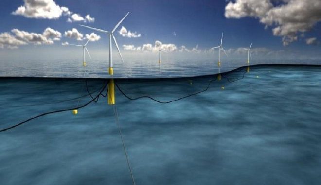 4by31 Der Hywind-Park vor der schottischen Nordseeküste kann 22.000 Haushalte versorgen. Die fünf Windkraftanlagen schwimmen im Meer auf beschwerten Bojen. Foto: Statoil